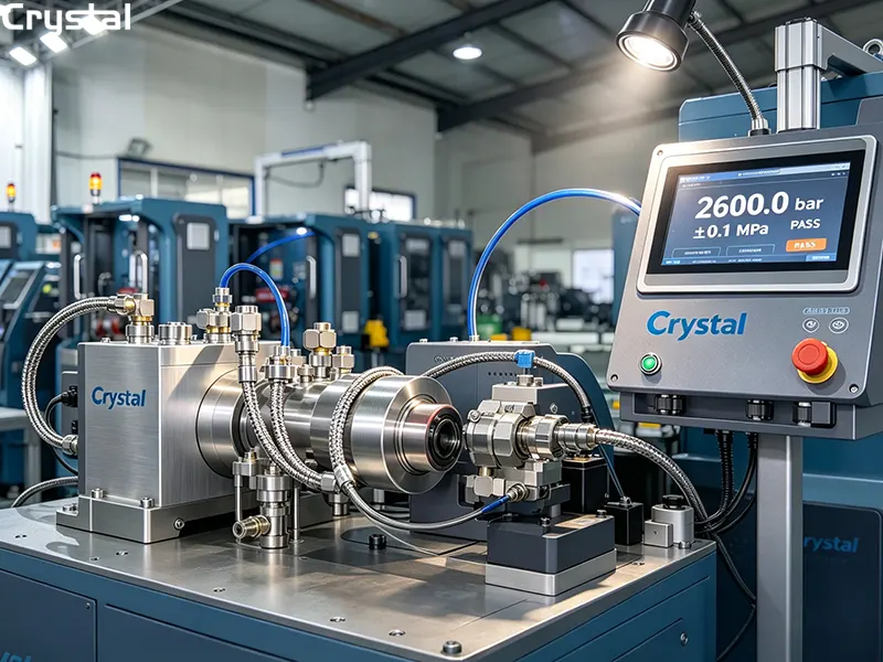 Crystal injection pump test bench delivering 2,600 bar pressure with 0.1 MPa accuracy for ultra-high-pressure common rail pump testing
