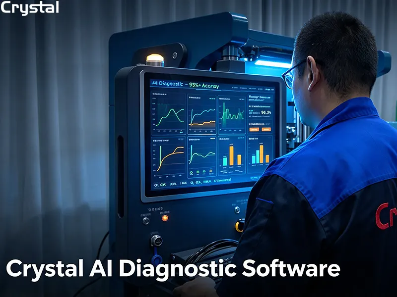 Crystal injection pump test bench software interface with AI-powered diagnostic results showing 95 percent accuracy in fault detection