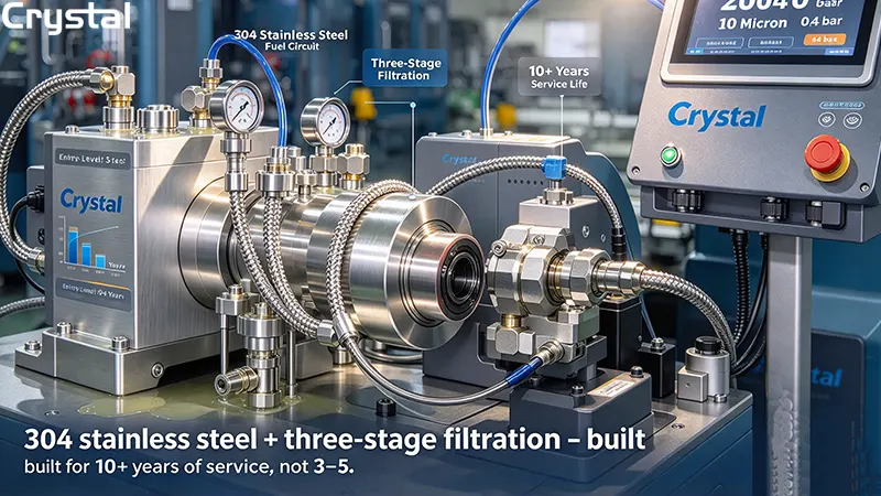 Crystal injection pump test bench with 304 stainless steel fuel circuit and three-stage filtration system – industrial-grade durability for 10+ years service life