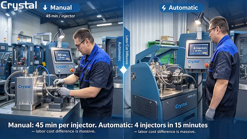 Crystal CR918-PRO automatic injection pump test bench testing 4 injectors in 15 minutes vs manual bench taking 45 minutes per injector – labor cost comparison
