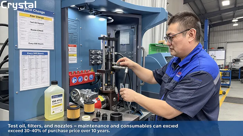 Crystal injection pump test bench maintenance – replacing test oil filter, ISO 4113 calibration fluid, test nozzles, and consumables for total cost of ownership