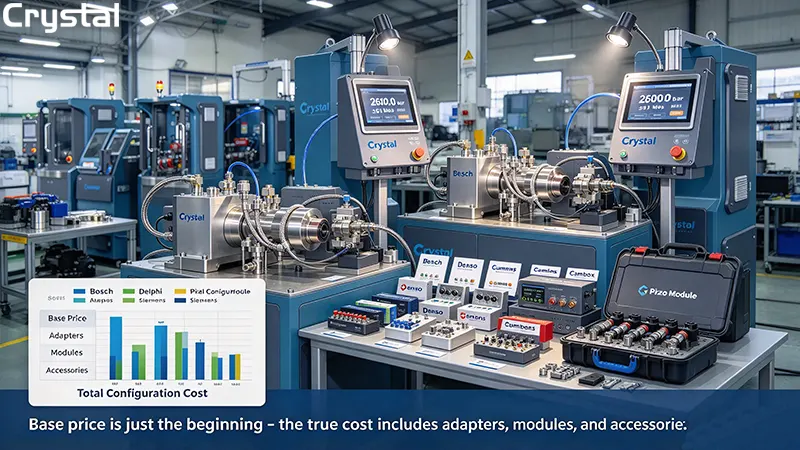 Crystal injection pump test bench fully configured with multi-brand adapter kits, cambox, and piezoelectric modules – total cost of ownership configuration