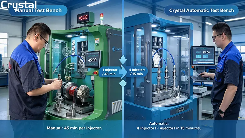 Manual injection pump test bench vs Crystal CR918-PRO automatic common rail test bench testing 4 injectors in 15 minutes Manual injection pump test bench vs Crystal CR918-PRO automatic common rail test bench testing 4 injectors in 15 minutes