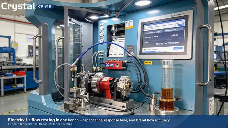 Crystal common rail test bench testing injector electrical capacitance and flow rate with 0.1 ml accuracy Crystal common rail test bench testing injector electrical capacitance and flow rate with 0.1 ml accuracy