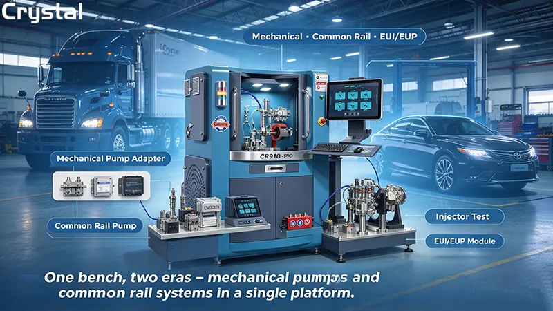 Crystal multi-functional test bench supporting both mechanical injection pumps and modern common rail systems Crystal multi-functional test bench supporting both mechanical injection pumps and modern common rail systems