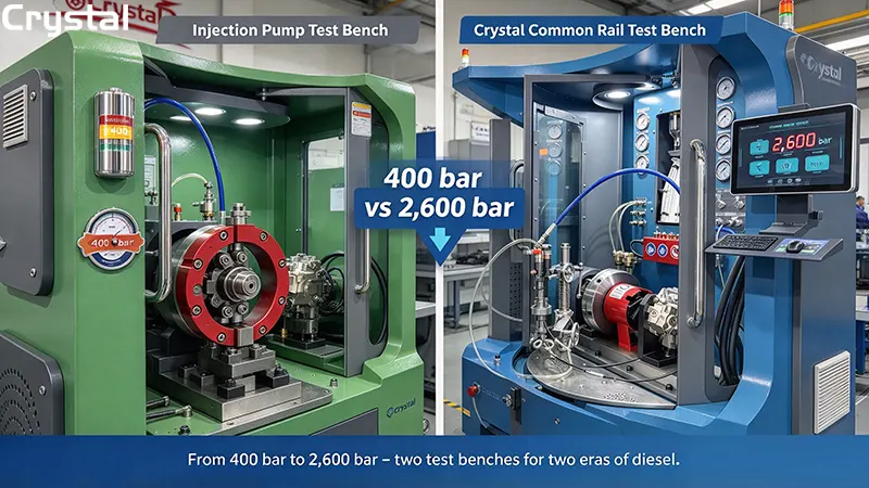 Side-by-side comparison of injection pump test bench at 400 bar and Crystal common rail test bench at 2,600 bar Side-by-side comparison of injection pump test bench at 400 bar and Crystal common rail test bench at 2,600 bar