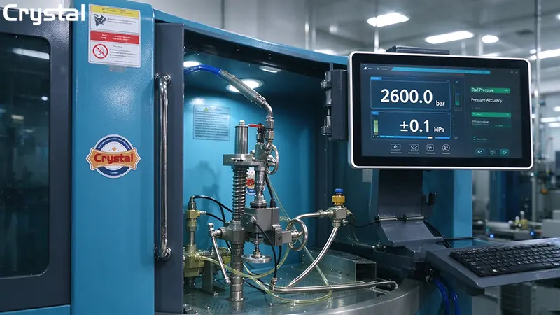 Crystal common rail injector test bench digital display showing 2,600 bar rail pressure with ±0.1 MPa accuracy Crystal common rail injector test bench digital display showing 2,600 bar rail pressure with ±0.1 MPa accuracy