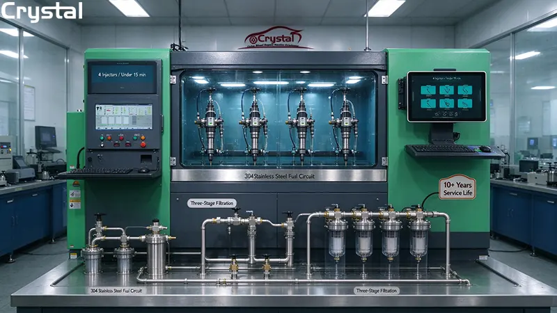 Crystal CR918-PRO common rail injector test bench testing 4 injectors simultaneously in 15 minutes with 304 stainless steel fuel circuit and three-stage filtration Crystal CR918-PRO common rail injector test bench testing 4 injectors simultaneously in 15 minutes with 304 stainless steel fuel circuit and three-stage filtration