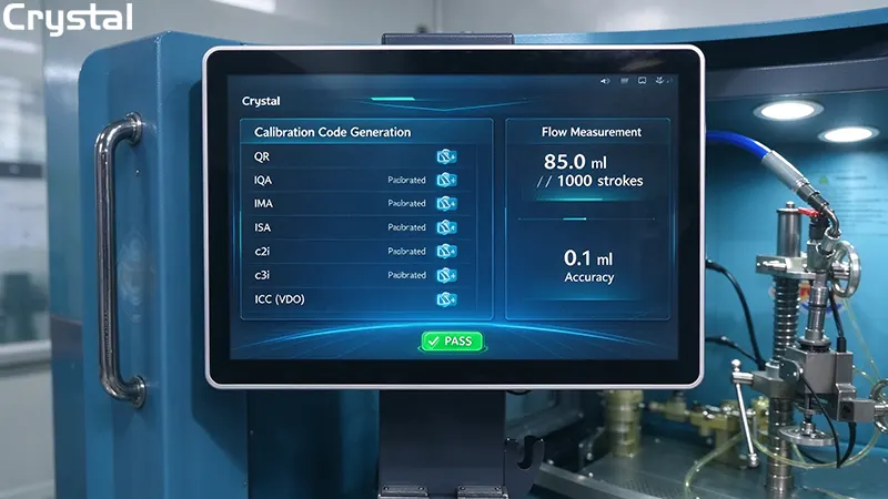 Crystal CR918-PRO software interface generating QR IQA IMA ISA c2i c3i ICC calibration codes and displaying 0.1 ml flow accuracy Crystal CR918-PRO software interface generating QR IQA IMA ISA c2i c3i ICC calibration codes and displaying 0.1 ml flow accuracy
