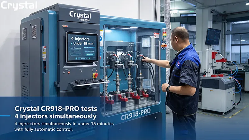Crystal CR918-PRO multi-functional test bench testing 4 injectors simultaneously in under 15 minutes with fully automatic control Crystal CR918-PRO multi-functional test bench testing 4 injectors simultaneously in under 15 minutes with fully automatic control