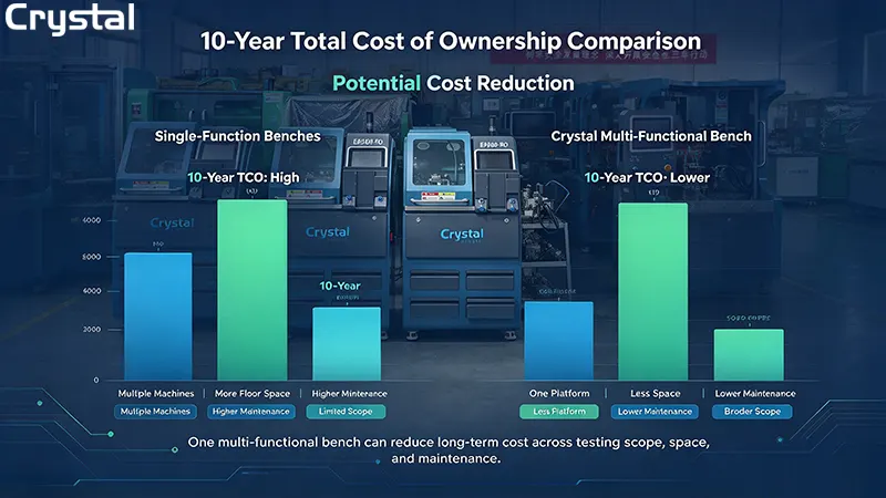 10-year total cost of ownership comparison chart between single-function test benches and Crystal multi-functional common rail test bench 10-year total cost of ownership comparison chart between single-function test benches and Crystal multi-functional common rail test bench