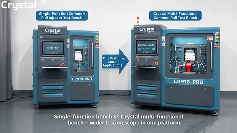 Side-by-side comparison of a single-function common rail injector test bench and a Crystal multi-functional common rail test bench Side-by-side comparison of a single-function common rail injector test bench and a Crystal multi-functional common rail test bench