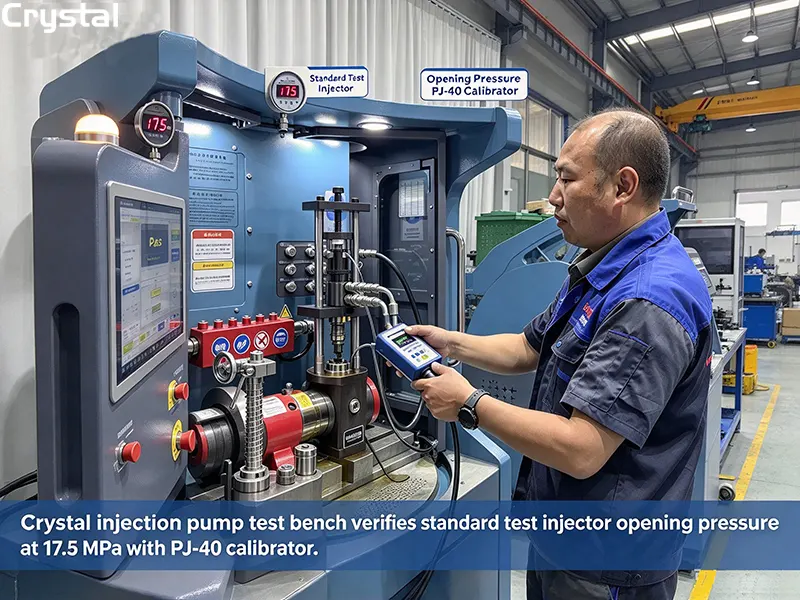 Crystal injection pump test bench verifying standard test injector opening pressure at 17.5 MPa with PJ-40 calibrator Crystal injection pump test bench verifying standard test injector opening pressure at 17.5 MPa with PJ-40 calibrator