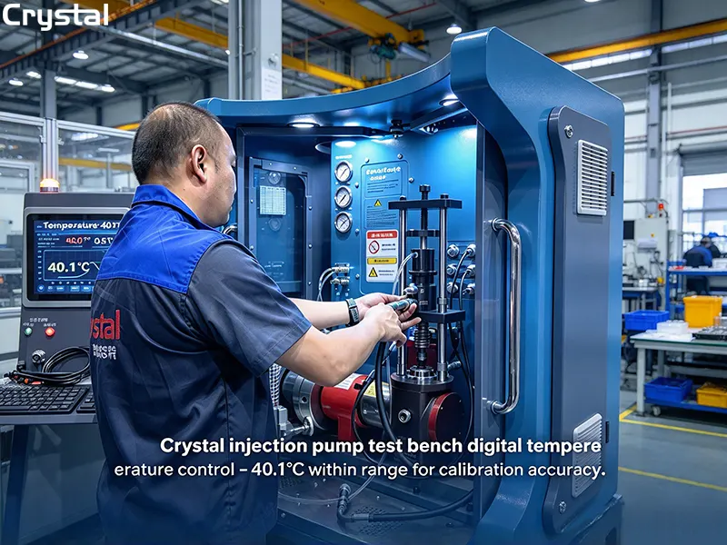 Crystal injection pump test bench digital temperature control displaying 40.1 degrees Celsius within range for calibration accuracy Crystal injection pump test bench digital temperature control displaying 40.1 degrees Celsius within range for calibration accuracy