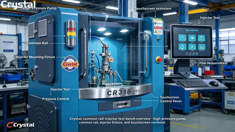 Crystal common rail injector test bench overview showing high-pressure pump, common rail, injector mounting fixture, and touchscreen control panel in a diesel workshop
