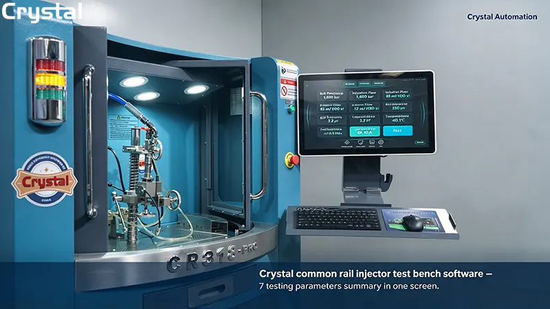 Crystal common rail injector test bench software displaying 7 testing parameters summary – rail pressure, injection flow, return flow, BIP response time, capacitance, temperature, and calibration codes