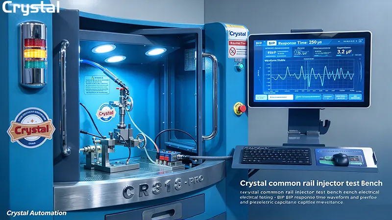Crystal common rail injector test bench electrical testing showing BIP response time waveform and piezoelectric capacitance measurement on screen