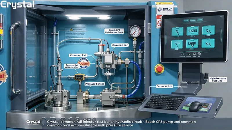 Crystal common rail injector test bench hydraulic circuit showing Bosch CP3 high-pressure pump and common rail accumulator with pressure sensor